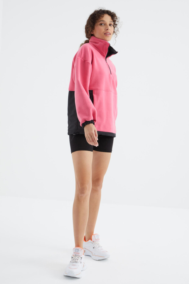 Şeker Pembe Yarım Fermuar Etek Ucu Büzgülü Dik Yaka Oversize Kadın Polar Sweatshirt - 97236 - 6