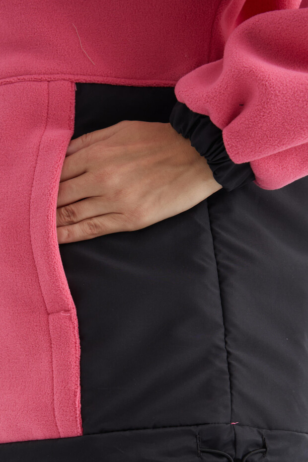 Şeker Pembe Yarım Fermuar Etek Ucu Büzgülü Dik Yaka Oversize Kadın Polar Sweatshirt - 97236 - 7