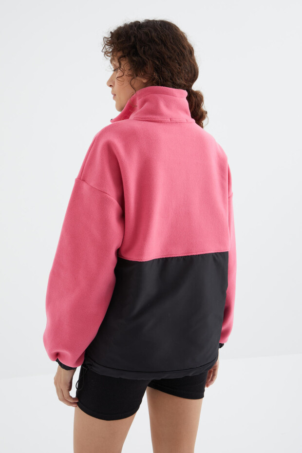 Şeker Pembe Yarım Fermuar Etek Ucu Büzgülü Dik Yaka Oversize Kadın Polar Sweatshirt - 97236 - 8