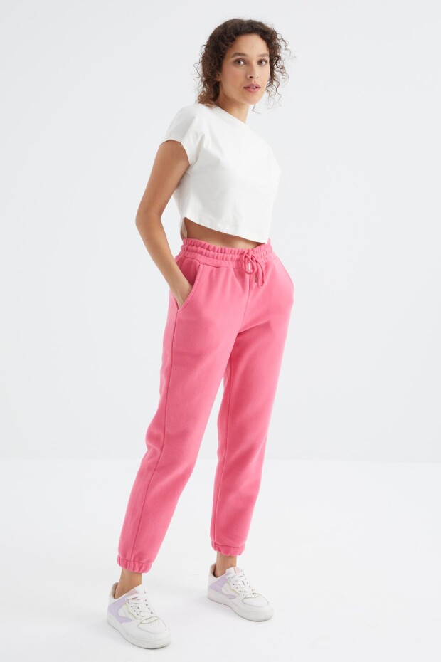 Şeker Pembe Yüksek Bel Basic Bağcıklı Jogger Polar Kadın Eşofman Alt - 94622 - 6