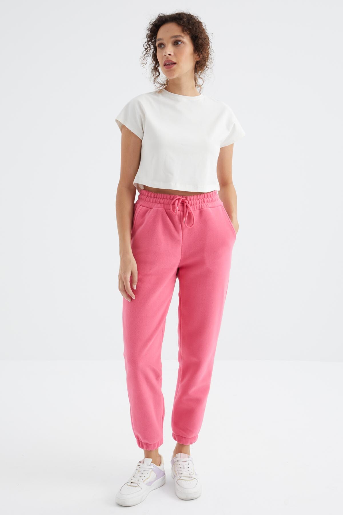 Şeker Pembe Yüksek Bel Basic Bağcıklı Jogger Polar Kadın Eşofman Alt - 94622 - TOMMYLIFE