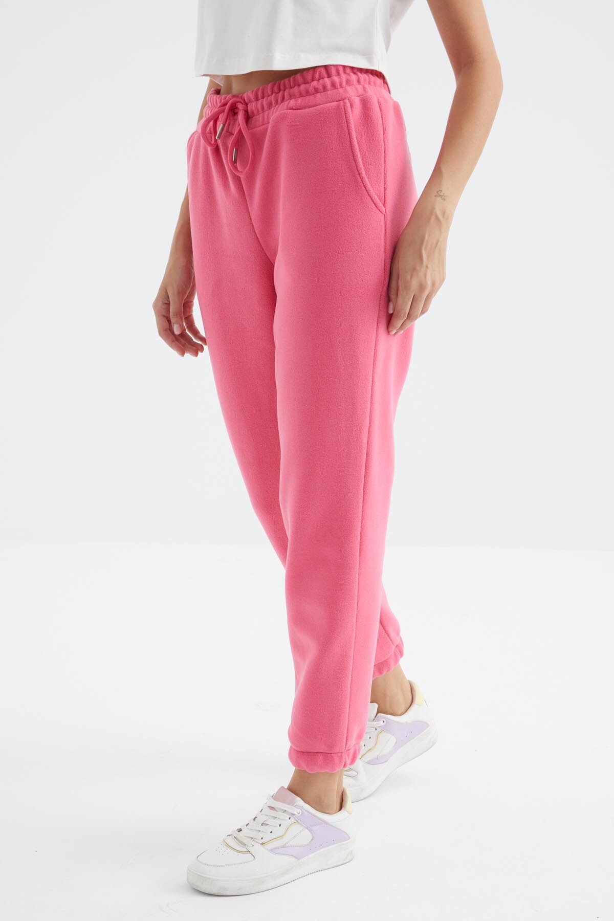 Şeker Pembe Yüksek Bel Basic Bağcıklı Jogger Polar Kadın Eşofman Alt - 94622 - TOMMYLIFE (1)