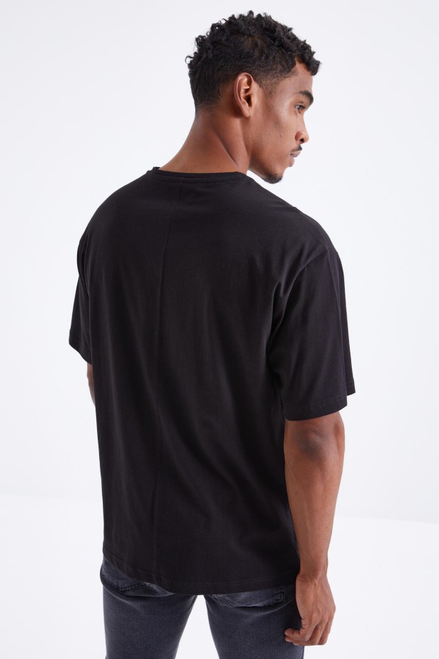 Siyah Air Baskılı O Yaka Erkek Oversize T-Shirt - 88097