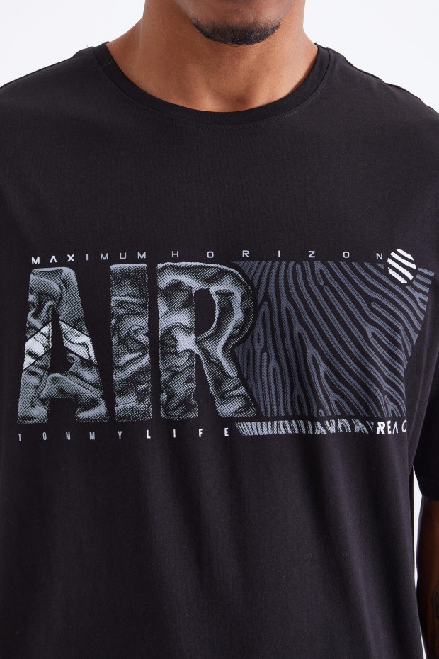 Siyah Air Baskılı O Yaka Erkek Oversize T-Shirt - 88097
