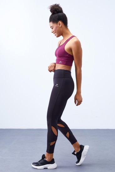 Siyah Arka Bilekleri Pencereli Yüksek Bel Slim Fit Kadın Tayt - 94611 