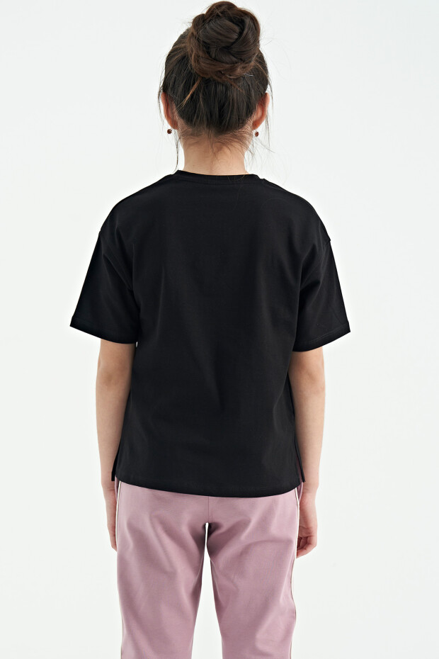 Siyah Ayıcık Baskılı O Yaka Oversize Kısa Kol Kız Çocuk T-Shirt - 75116