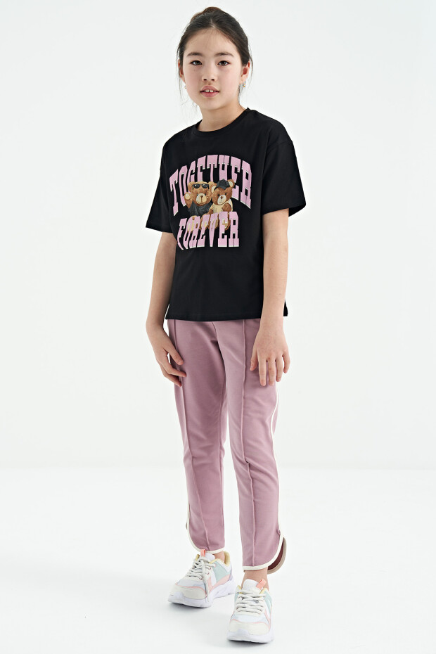 Siyah Ayıcık Baskılı O Yaka Oversize Kısa Kol Kız Çocuk T-Shirt - 75116