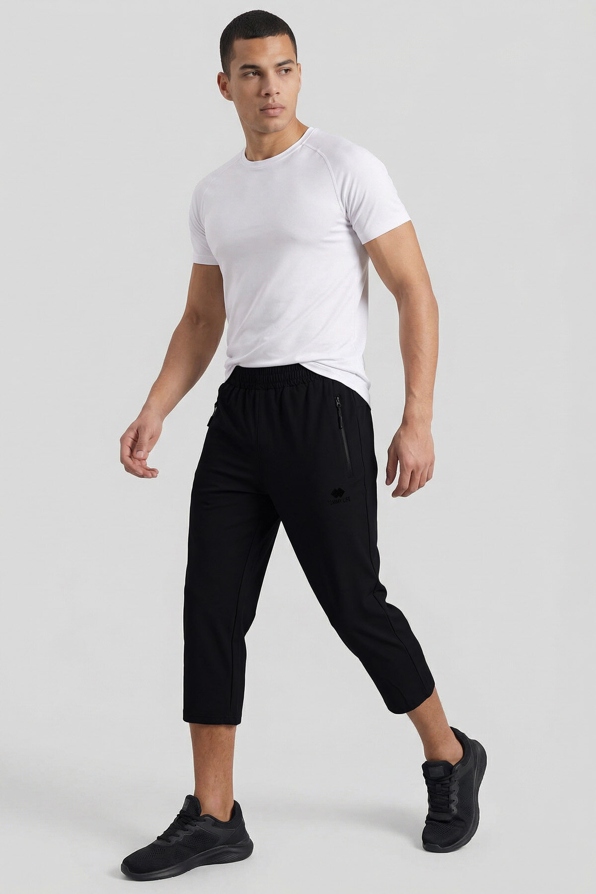 Siyah Bağcıklı Standart Kalıp Fermuar Cepli Aktif Spor Erkek Kapri - 83096 - TOMMYLIFE (1)