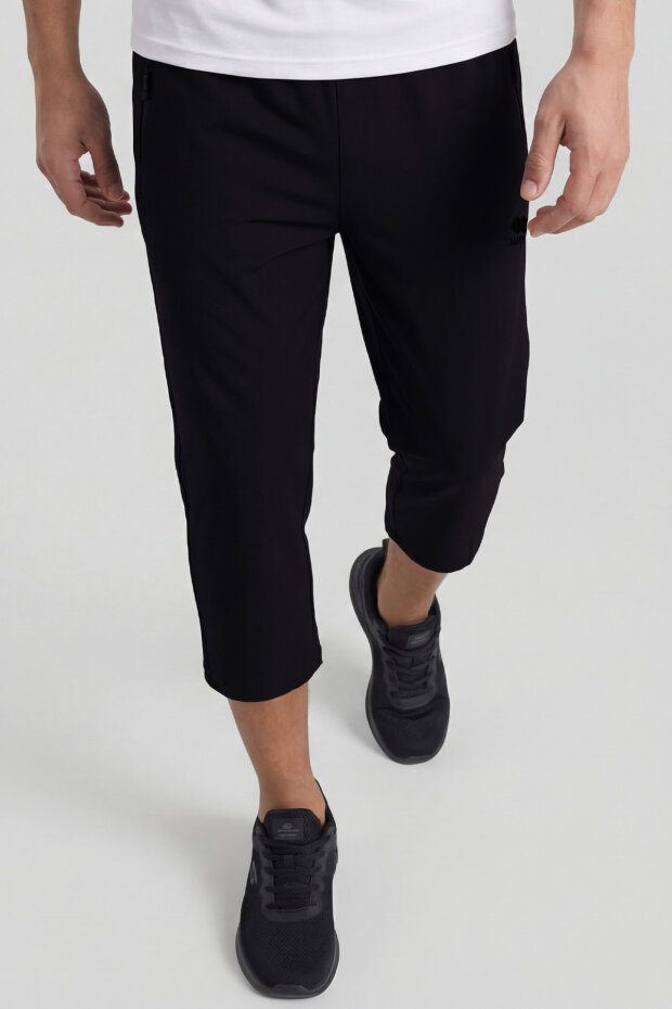Siyah Bağcıklı Standart Kalıp Fermuar Cepli Aktif Spor Erkek Kapri - 83096 - 3