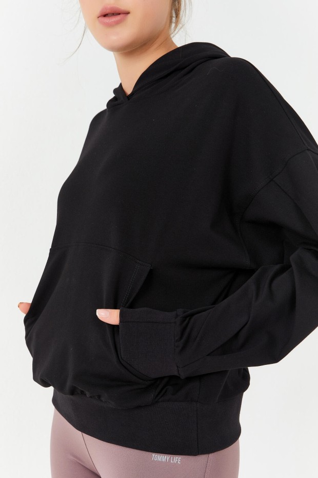 Siyah Balon Kol Kapüşonlu Kadın Oversize Sweatshirt - 97156