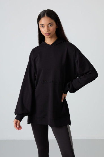 Siyah Balon Kol Yazı Nakışlı Kadın Oversize Tunik Sweatshirt - 97163 - Thumbnail