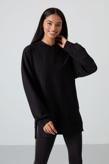 Siyah Balon Kol Yazı Nakışlı Kadın Oversize Tunik Sweatshirt - 97163 - Thumbnail
