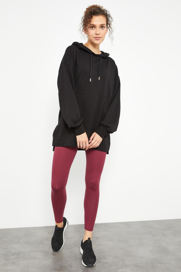 Siyah Balon Kol Yazı Nakışlı Kadın Oversize Tunik Sweatshirt - 97163