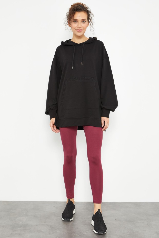 Siyah Balon Kol Yazı Nakışlı Kadın Oversize Tunik Sweatshirt - 97163