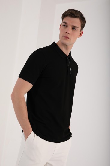 Siyah Basic Çift Düğmeli Standart Kalıp Polo Yaka Erkek T-Shirt - 87944 - Thumbnail