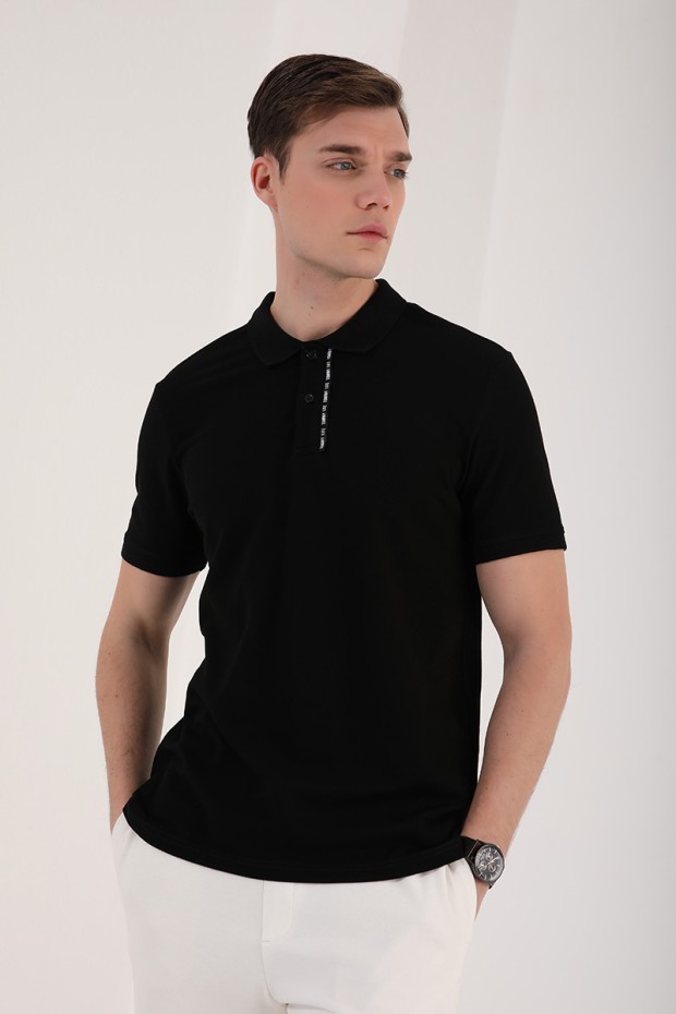 Siyah Basic Çift Düğmeli Standart Kalıp Polo Yaka Erkek T-Shirt - 87944
