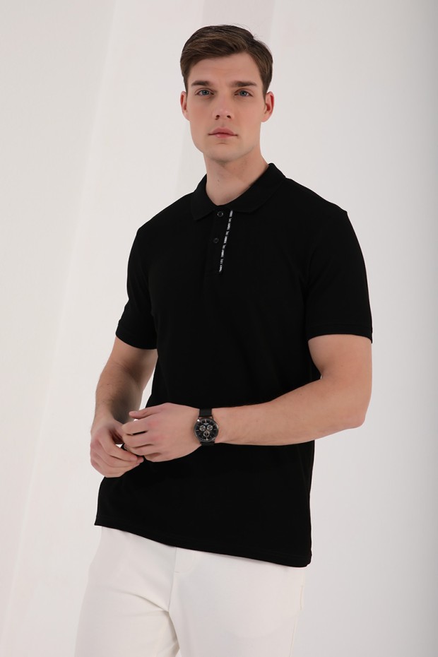 Siyah Basic Çift Düğmeli Standart Kalıp Polo Yaka Erkek T-Shirt - 87944