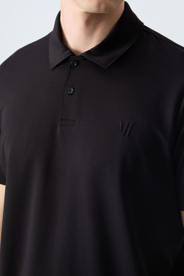 Siyah Basic Göğüs Logolu Standart Kalıp Triko Polo Yaka Erkek T-Shirt - 87768