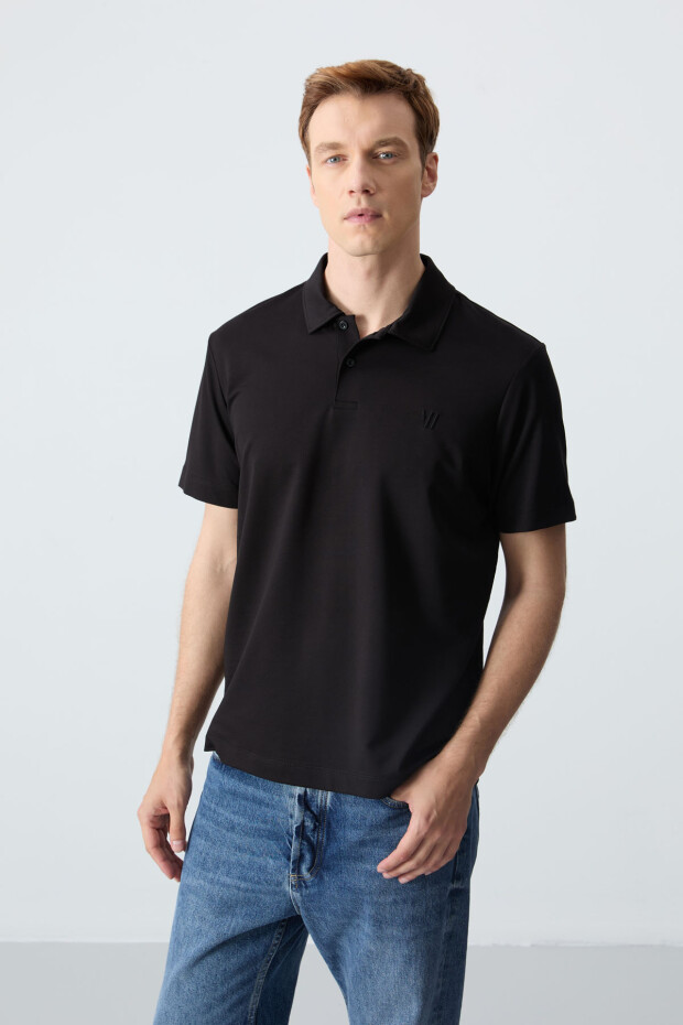 Siyah Basic Göğüs Logolu Standart Kalıp Triko Polo Yaka Erkek T-Shirt - 87768