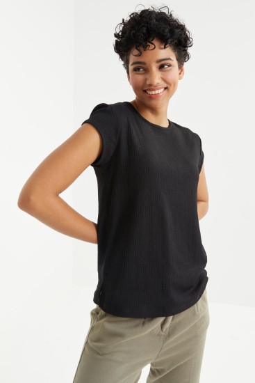 Siyah Basic Kısa Kol O Yaka Bürümcük Kumaş Kadın T-Shirt - 97225 