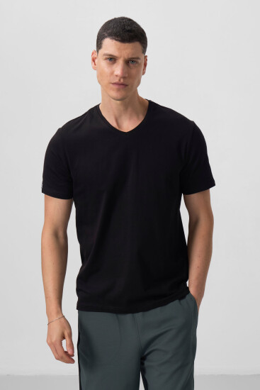 Siyah Basic Kısa Kol Standart Kalıp V Yaka Erkek T-Shirt - 87912 