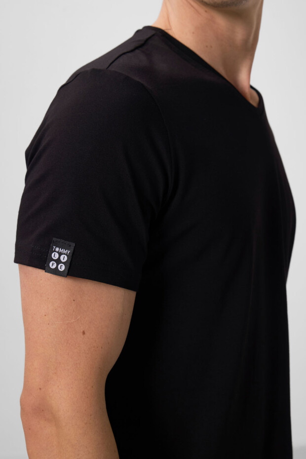 Siyah Basic Kısa Kol Standart Kalıp V Yaka Erkek T-Shirt - 87912 - 4