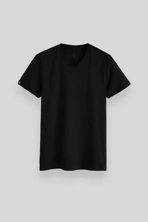 Siyah Basic Kısa Kol Standart Kalıp V Yaka Erkek T-Shirt - 87912 - 1