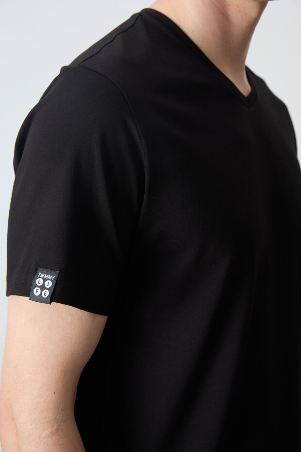 Siyah Basic Kısa Kol Standart Kalıp V Yaka Erkek T-Shirt - 87912