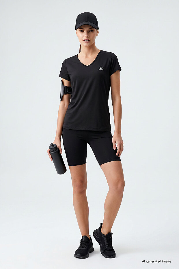 Siyah Basic Kısa Kol Standart Kalıp V Yaka Kadın T-Shirt - 97145 - 3