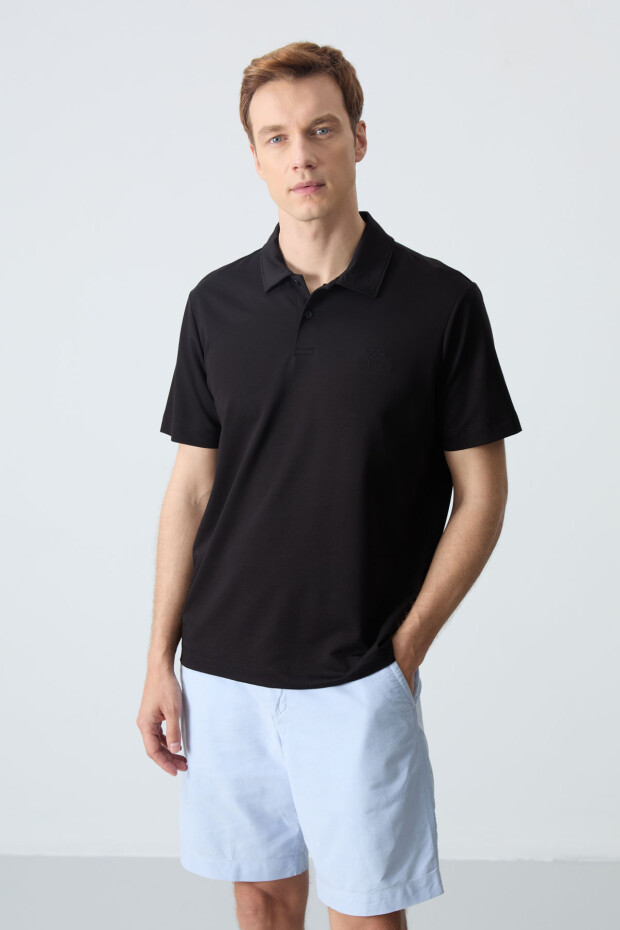 Siyah Basic Logolu Standart Kalıp Triko Polo Yaka Erkek T-Shirt - 87748