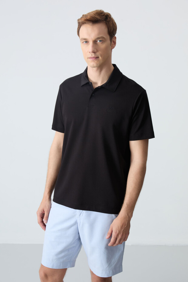 Siyah Basic Logolu Standart Kalıp Triko Polo Yaka Erkek T-Shirt - 87748