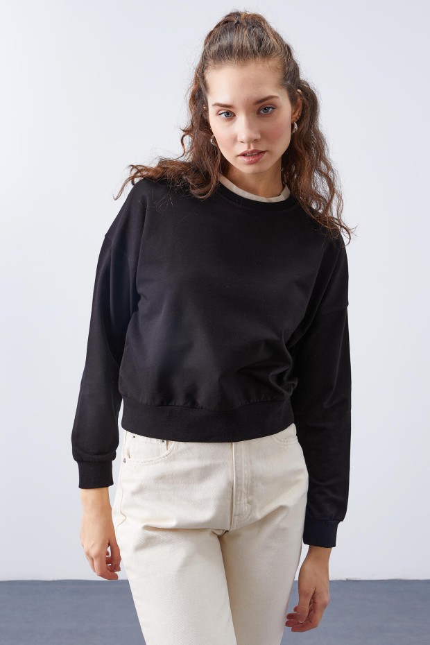 Siyah Basic Rahat Form O Yaka Kadın Sweatshirt - 97114