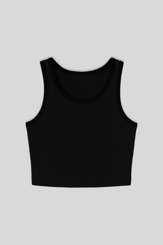 Siyah Basic Sıfır Kol Dar Kalıp U Yaka Kadın Crop Top Atlet - 97160 - 1