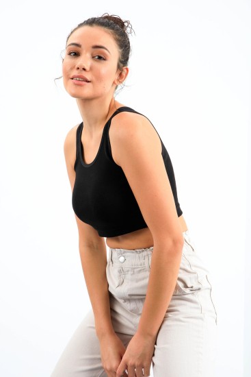 Siyah Basic Sıfır Kol Dar Kalıp U Yaka Kadın Crop Top Atlet - 97162 