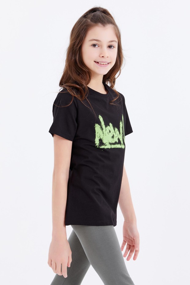 Siyah Basic Yazı Baskılı O Yaka Rahat Form Kız Çocuk T-Shirt - 75041