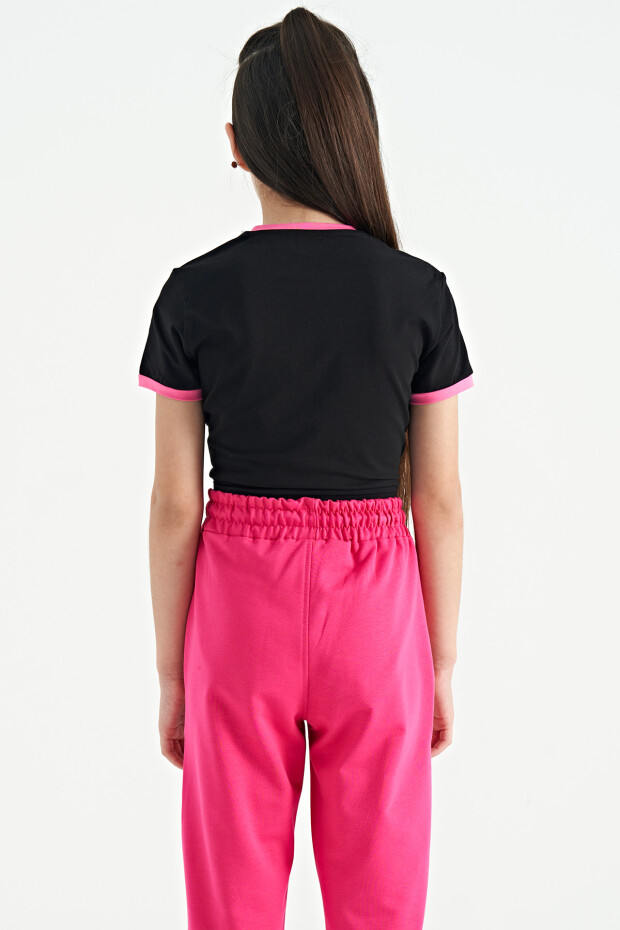 Siyah Baskı Detaylı O Yaka Çok Renkli Bağlama Detaylı Kız Çocuk T-Shirt - 75113