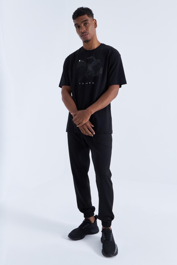 Siyah Baskı Detaylı O Yaka Erkek Oversize T-Shirt - 88093