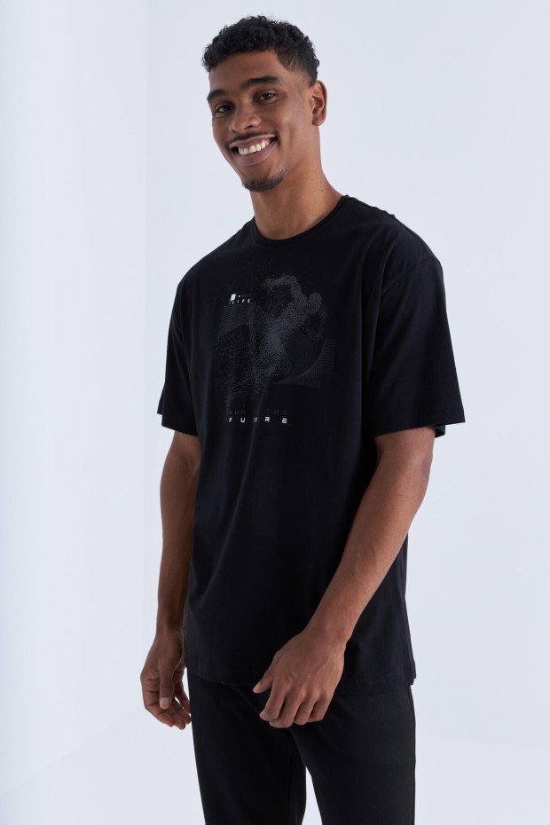 Siyah Baskı Detaylı O Yaka Erkek Oversize T-Shirt - 88093