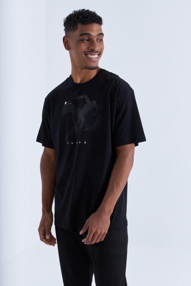 Siyah Baskı Detaylı O Yaka Erkek Oversize T-Shirt - 88093