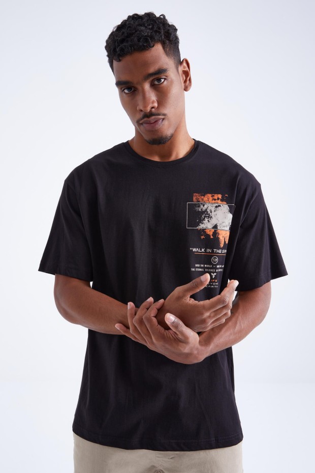 Siyah Baskı Detaylı O Yaka Erkek Oversize T-Shirt - 88099