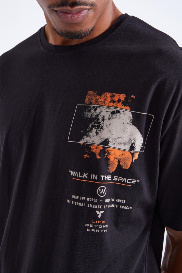 Siyah Baskı Detaylı O Yaka Erkek Oversize T-Shirt - 88099