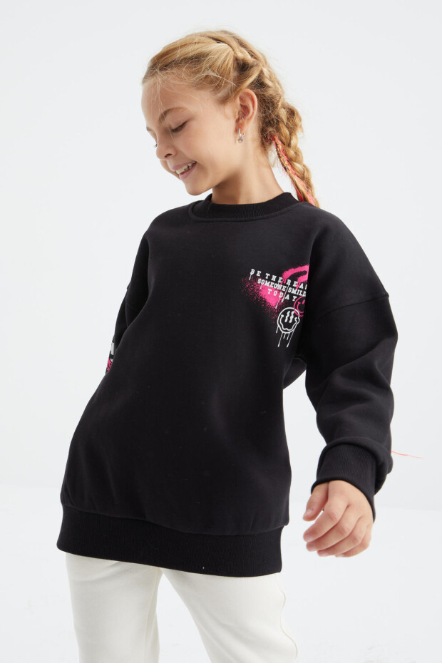 Siyah Baskı Detaylı O Yaka Kız Çocuk Sweatshirt - 75095