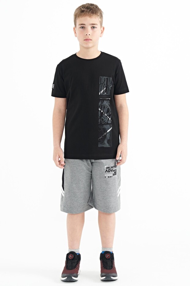Siyah Baskı Detaylı O Yaka Standart Kalıp Erkek Çocuk T-Shirt - 11104