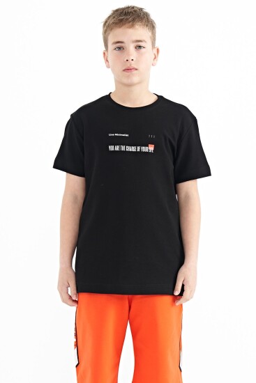 Siyah Baskı Detaylı O Yaka Standart Kalıp Erkek Çocuk T-Shirt - 11117 