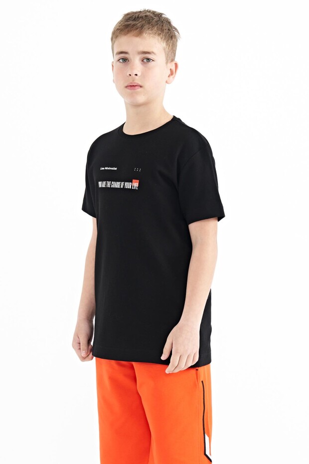 Siyah Baskı Detaylı O Yaka Standart Kalıp Erkek Çocuk T-Shirt - 11117 - 5