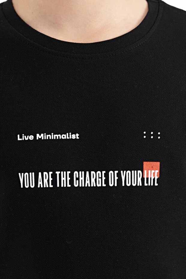 Siyah Baskı Detaylı O Yaka Standart Kalıp Erkek Çocuk T-Shirt - 11117 - 3