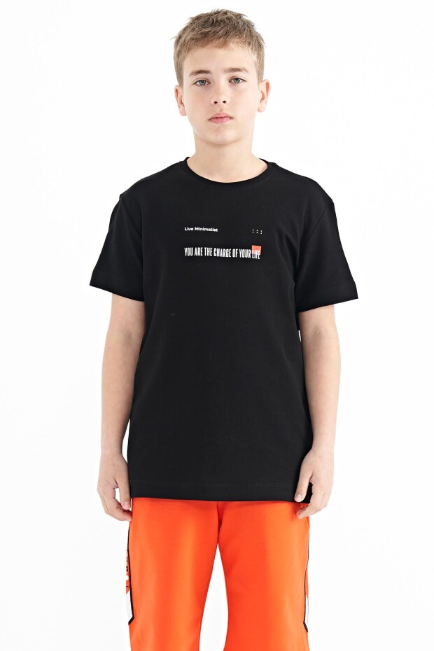 Siyah Baskı Detaylı O Yaka Standart Kalıp Erkek Çocuk T-Shirt - 11117