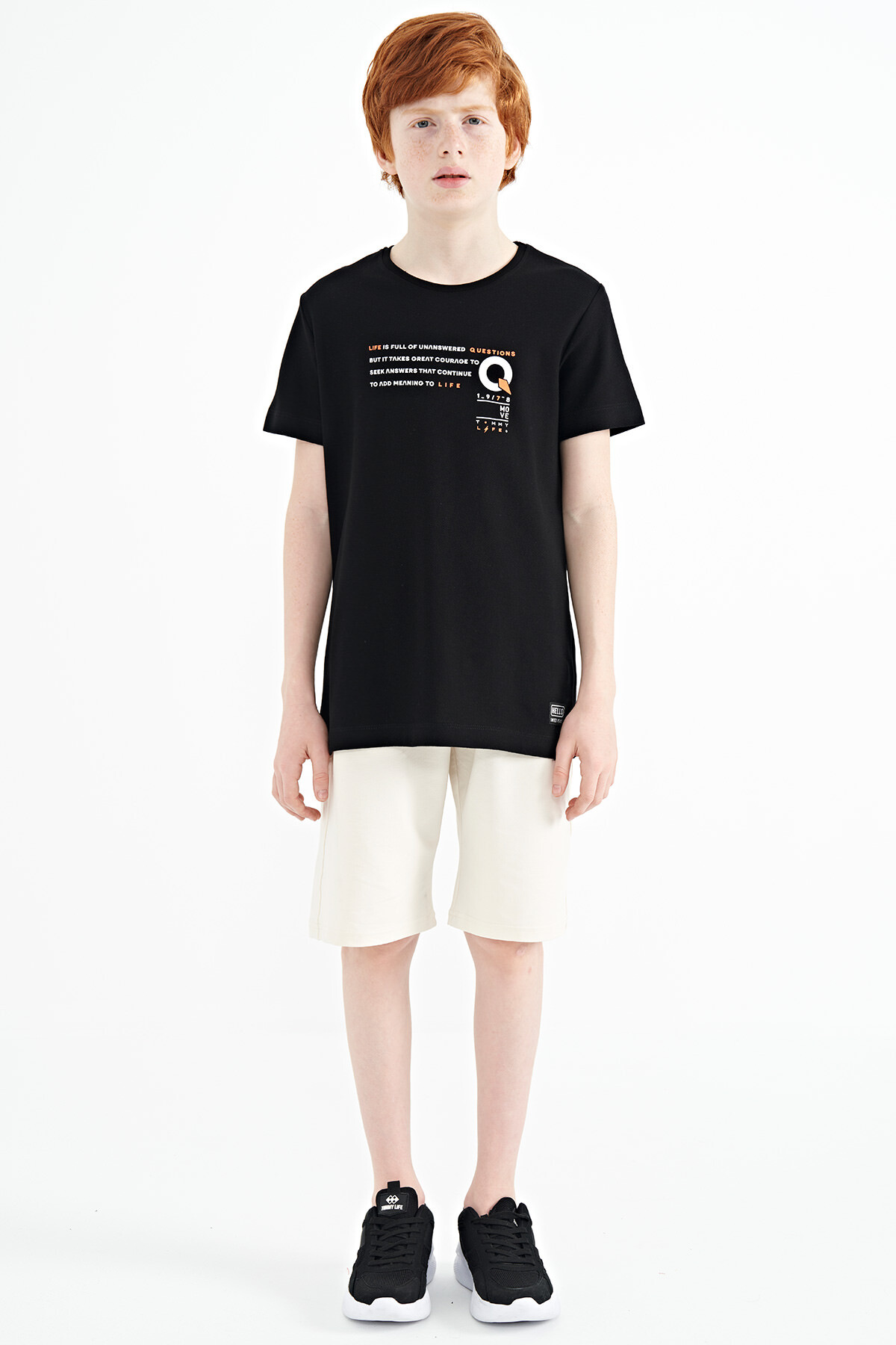 Siyah Baskı Detaylı O Yaka Standart Kalıp Erkek Çocuk T-Shirt - 11145 - TOMMYLIFE (1)