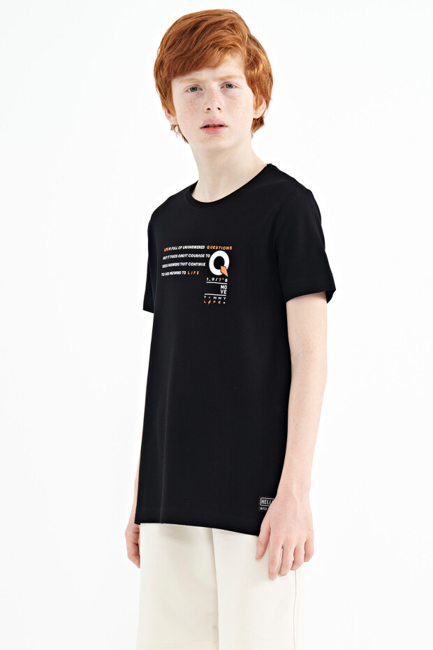 Siyah Baskı Detaylı O Yaka Standart Kalıp Erkek Çocuk T-Shirt - 11145