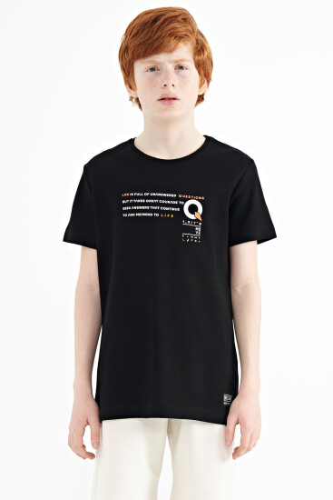 Siyah Baskı Detaylı O Yaka Standart Kalıp Erkek Çocuk T-Shirt - 11145 